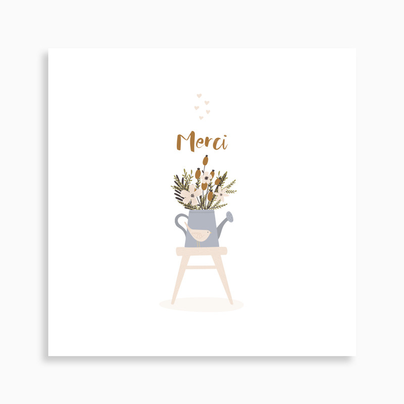 Carte de remerciement naissance arrosoir en fleurs