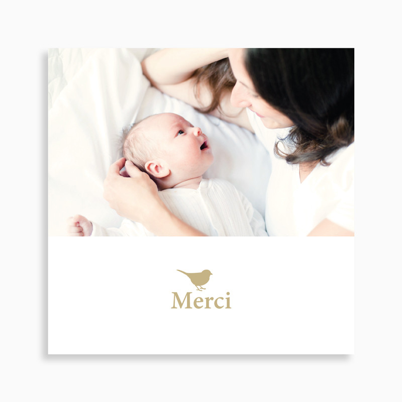 carte de remerciement naissance oiseau et motif petits cœurs pour fille avec une photo sur le recto