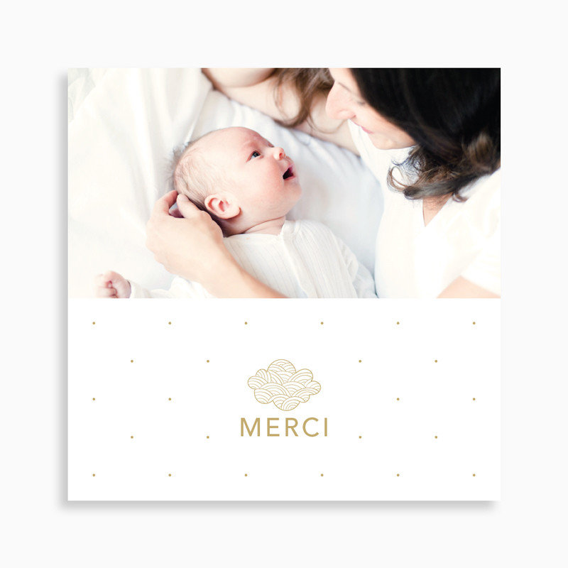 Carte de remerciement naissance nuage doré et motif petits pois