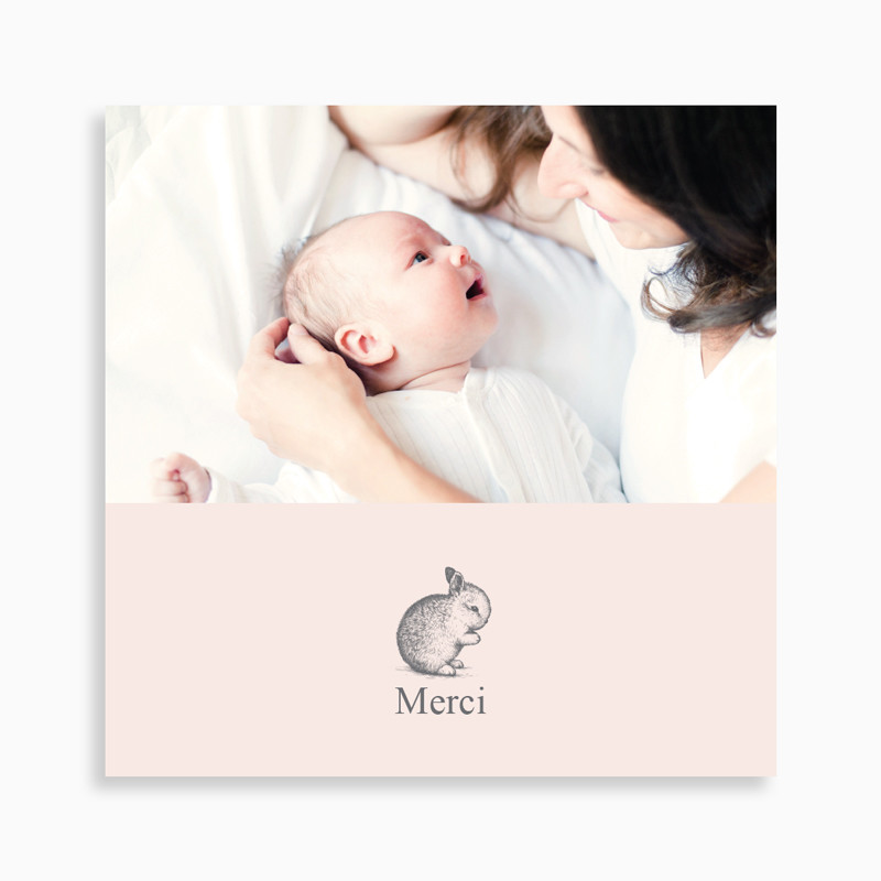 carte de remerciement naissance petit lapin pour fille avec une photo sur le recto