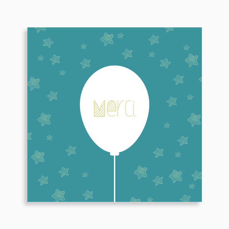 Carte de remerciement naissance ballon dans un ciel étoilé