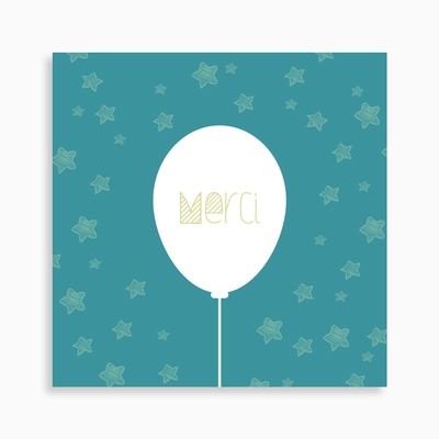 Carte de remerciement naissance ballon dans un ciel étoilé