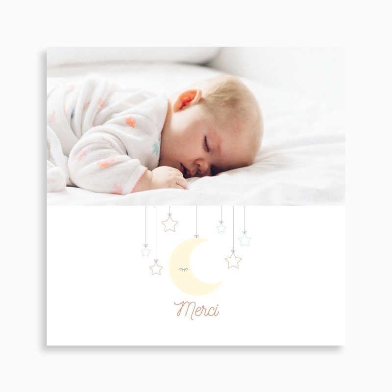 carte de remerciement naissance mobile lune et étoiles pour fille avec photo sur le recto de couleur blanc