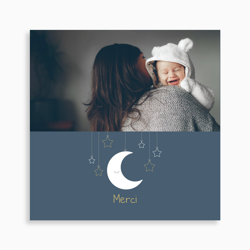 Carte de remerciement naissance lune suspendue et étoiles
