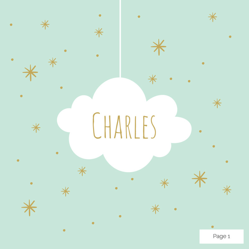 Faire-part de naissance nuage suspendu dépliant 4 pages, Choix du coloris: Vert d&#39;eau