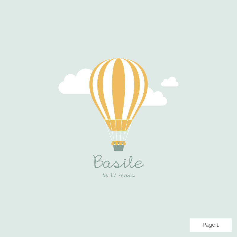 Faire-part de naissance montgolfière nuages ou étoiles (dépliant 4 pages), Choix du coloris: Bleu bastide