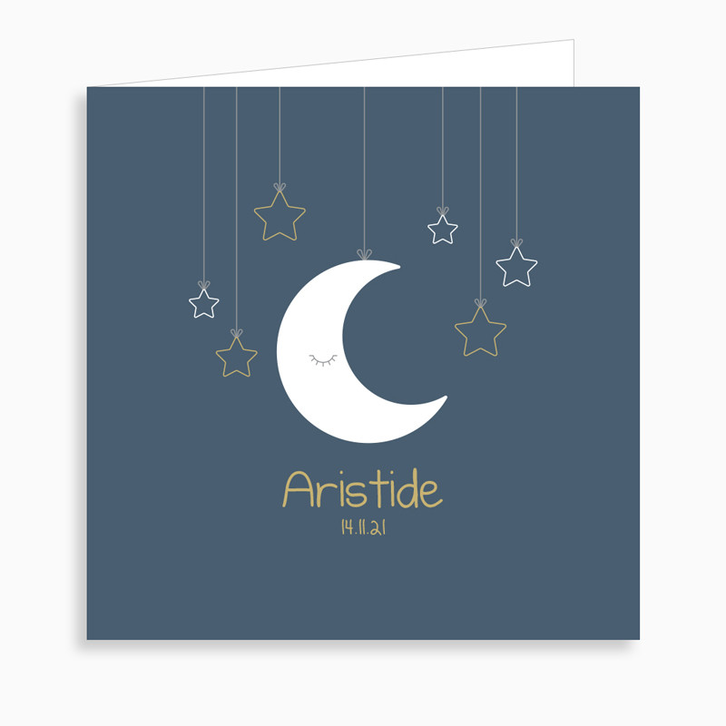 Faire-part de naissance lune suspendue (dépliant 4 pages)