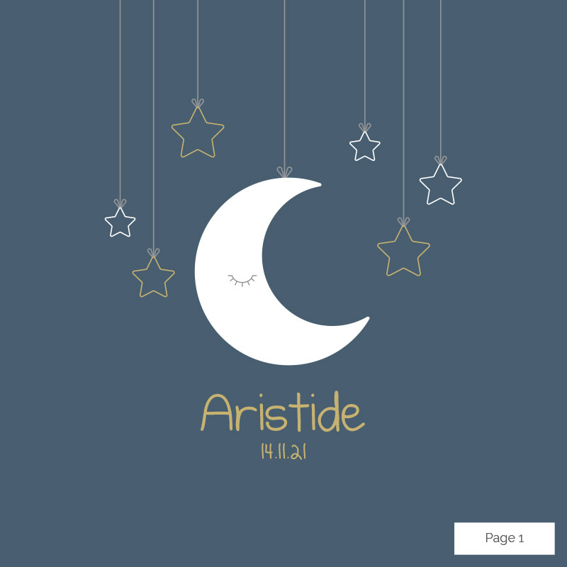 Faire-part de naissance lune suspendue (dépliant 4 pages), Choix du coloris: Bleu luzien
