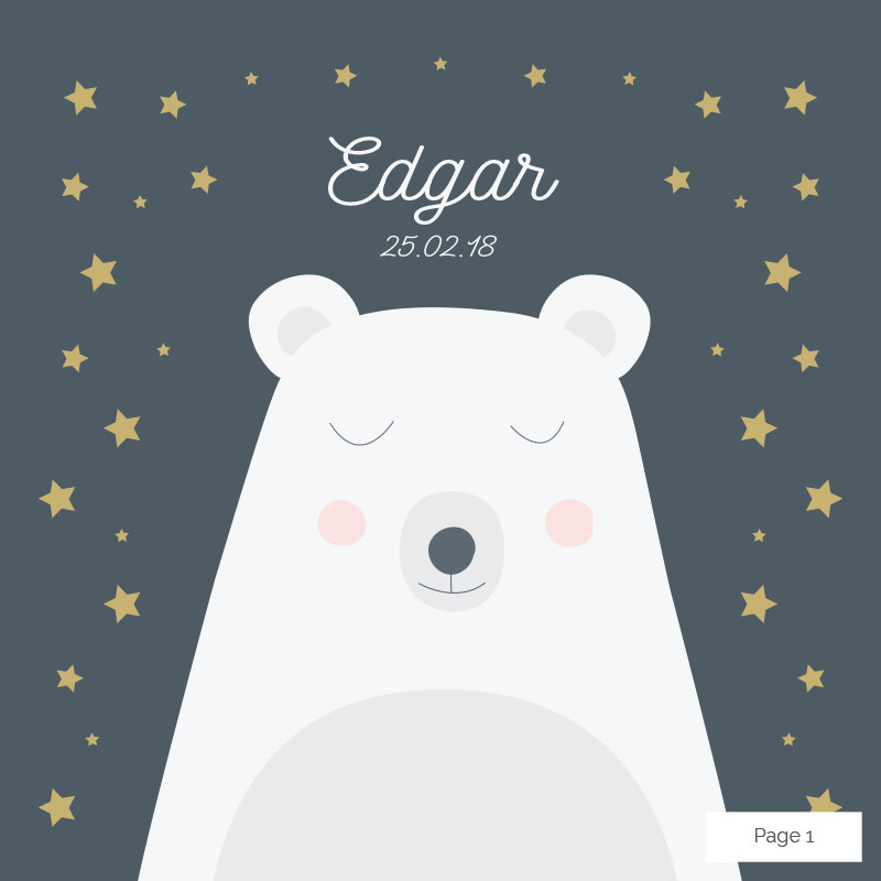 Faire-part de naissance ours polaire rêveur (dépliant 4 pages), Choix du coloris: Bleu charbon
