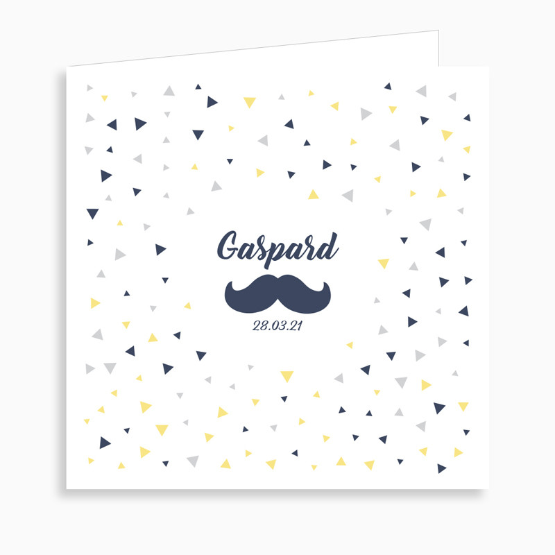 Faire-part de naissance motif confetti et moustache (dépliant 4 pages)