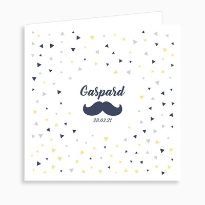 Faire-part de naissance motif confetti et moustache (dépliant 4 pages)