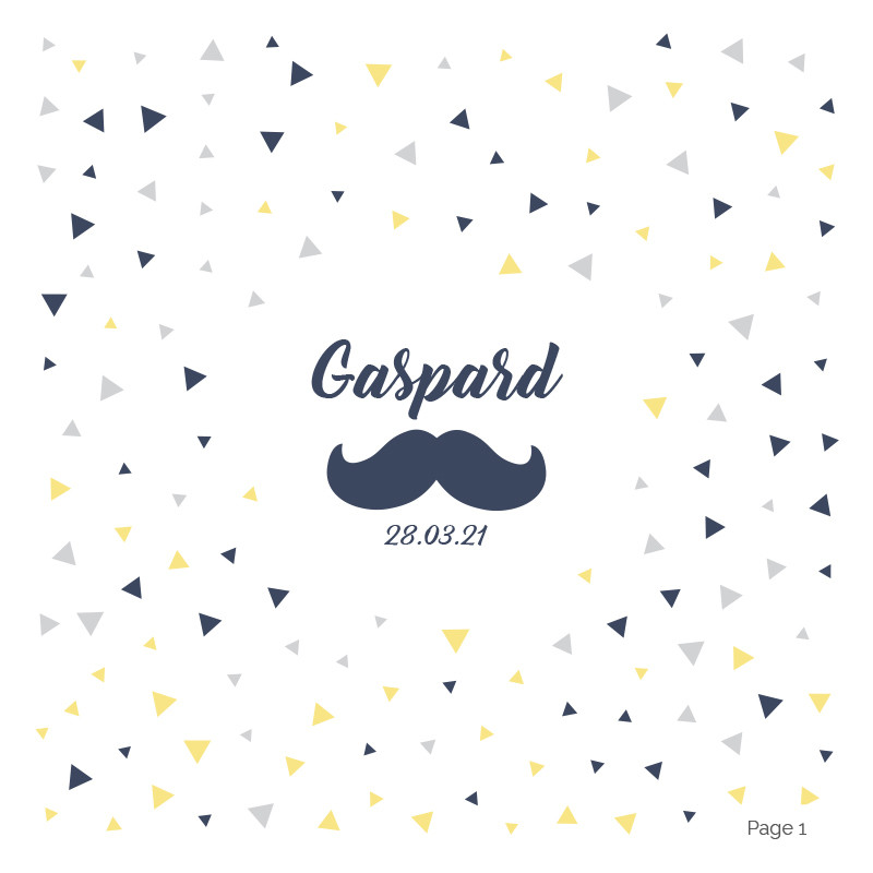 Faire-part de naissance motif confetti et moustache (dépliant 4 pages), Choix du coloris: Bleu nuit