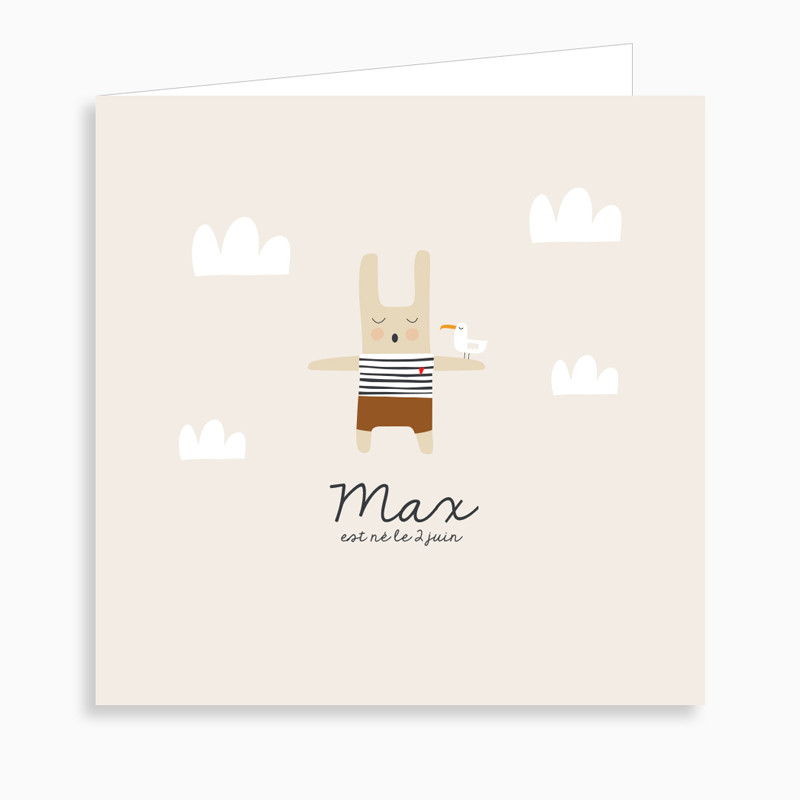 Faire-part de naissance lapin marin et sa mouette (dépliant 4 pages)