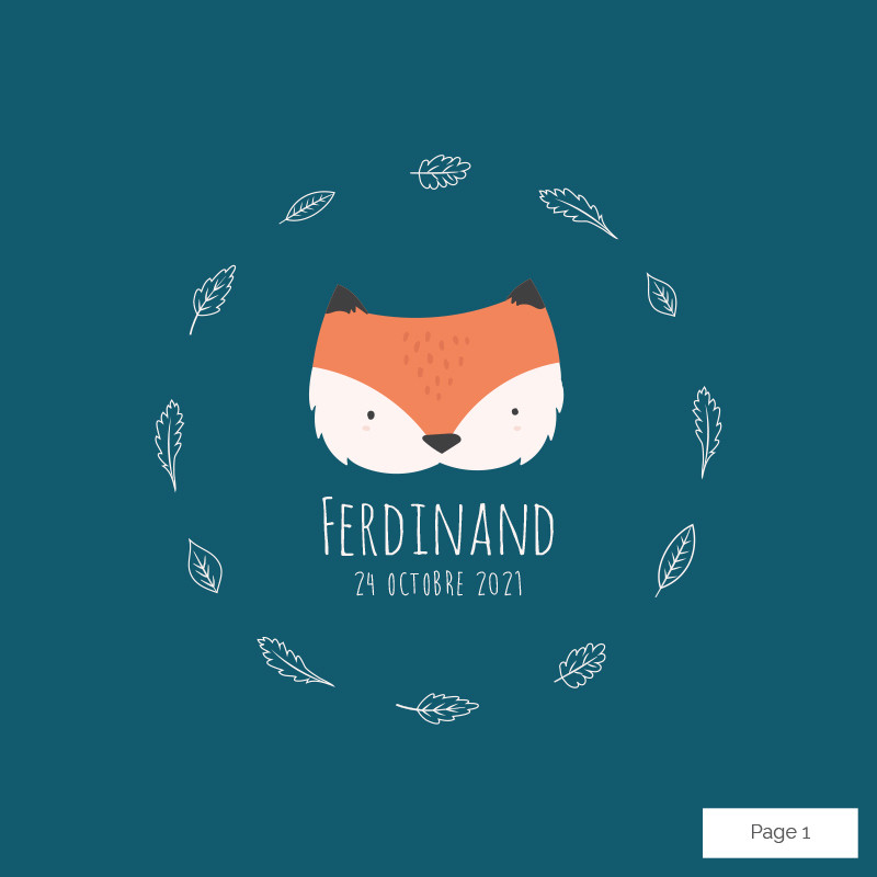 Faire-part de naissance petit renard dépliant 4 pages, Choix du coloris: Bleu canard