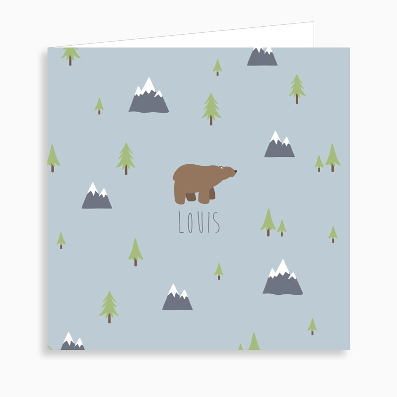 Faire-part de naissance ours brun sans sa forêt dépliant 4 pages