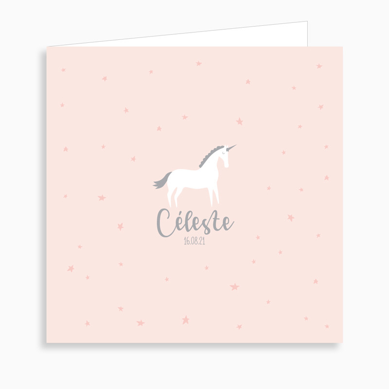 Faire-part de naissance licorne dans les étoiles (dépliant 4 pages)