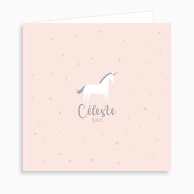 Faire-part de naissance licorne dans les étoiles (dépliant 4 pages)