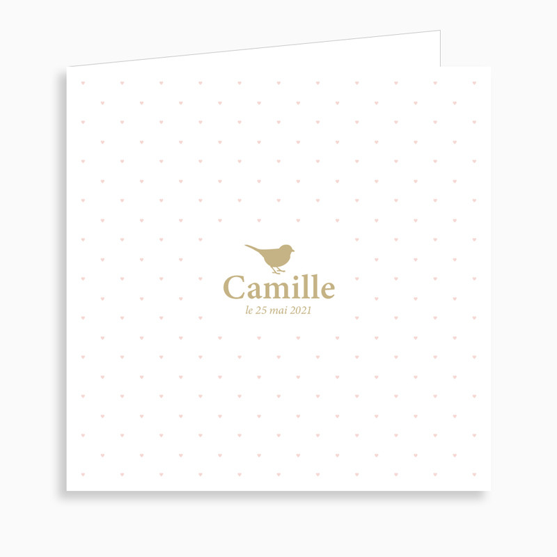 Faire-part de naissance oiseau sur motif cœur dépliant 4 pages