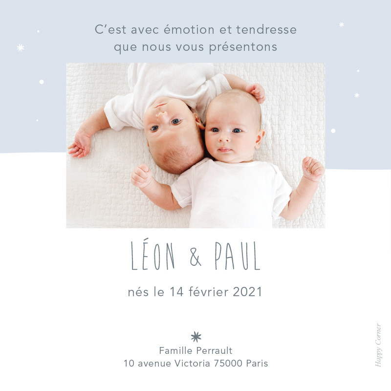 Faire-part de naissance oursons blancs pour jumeaux, Choix du coloris: Bleu éphémère, Choix du verso: Photo rectangulaire