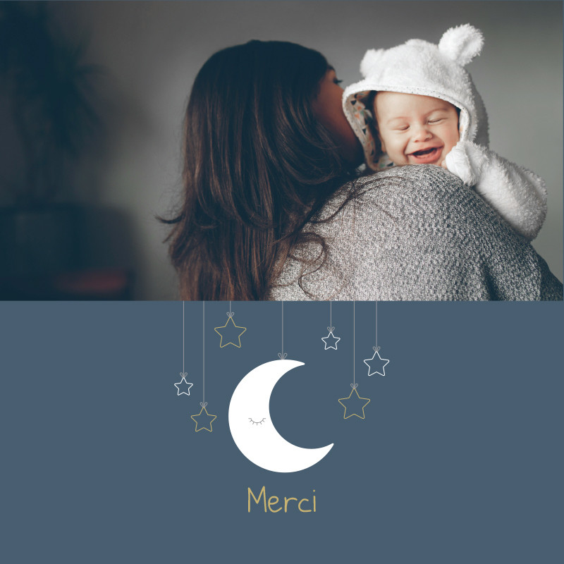 Carte de remerciement naissance lune suspendue et étoiles, Choix de la photo: Sur le recto
