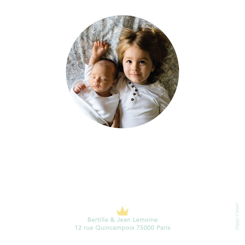 Carte de remerciement naissance motif couronne de prince, Choix du verso: Photo ronde