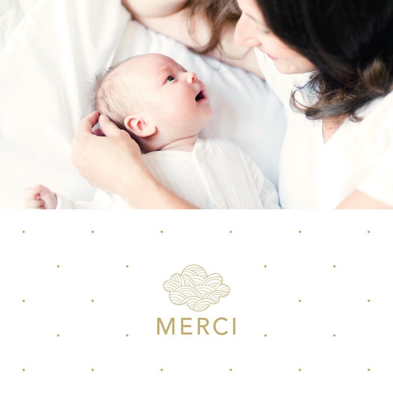 Carte de remerciement naissance nuage doré et motif petits pois, Choix de la photo: Sur le recto