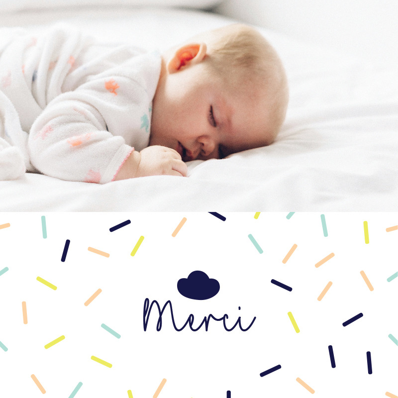 Carte de remerciement naissance nuage et confettis, Choix de la photo: Sur le recto