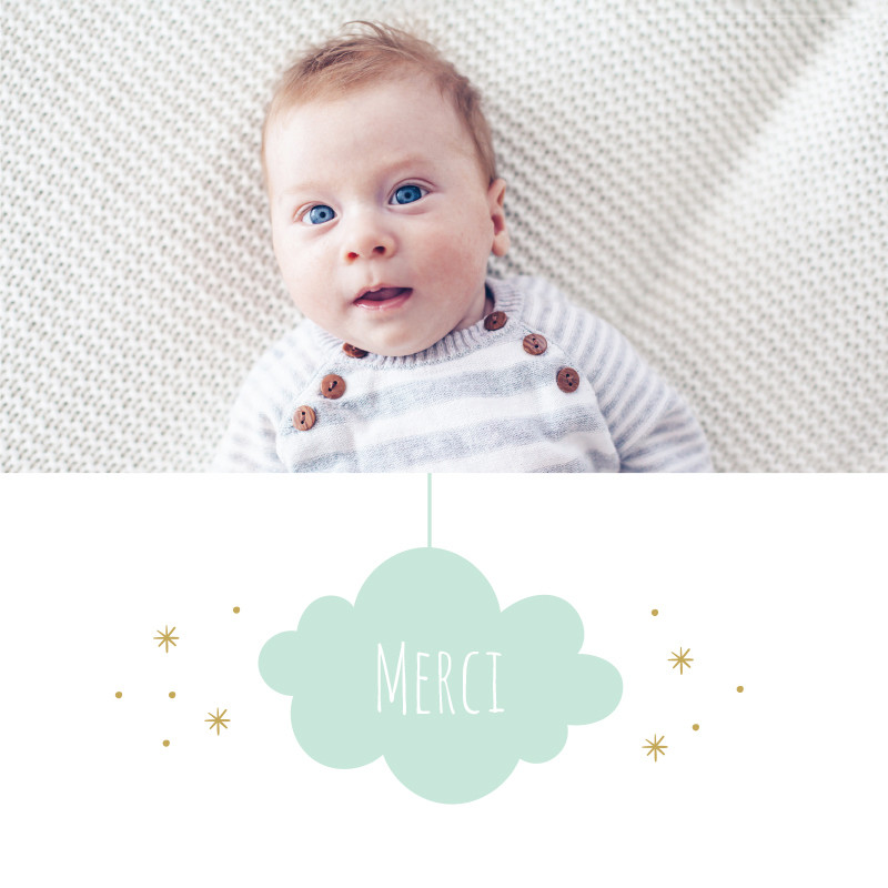 Carte de remerciement naissance nuage suspendu et étoiles, Choix de la photo: Sur le recto