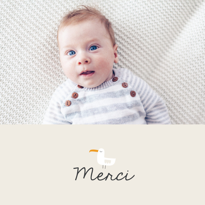 Carte de remerciement naissance petit lapin marin et sa mouette, Choix de la photo: Sur le recto