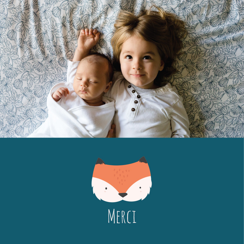 Carte de remerciement naissance petit renard et sa couronne de feuilles, Choix de la photo: Sur le recto