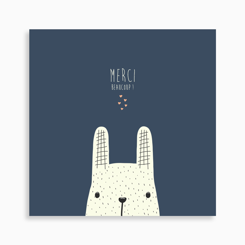 Carte de remerciement naissance petit lapin jouant à cache-cache