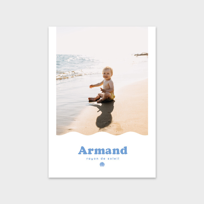 Faire-part de naissance Rayon de Soleil avec une photo en forme de vague et un logo coquillage