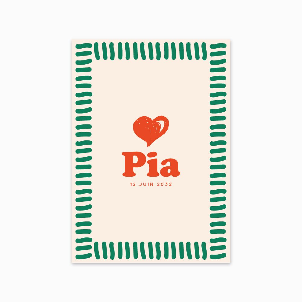 Faire-part de naissance Hello Amour. Illustration d’un cœur rouge au centre, entouré d’un cadre graphique vert sur fond crème