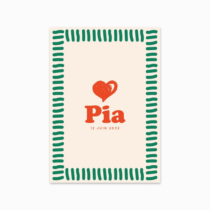 Faire-part de naissance Hello Amour. Illustration d’un cœur rouge au centre, entouré d’un cadre graphique vert sur fond crème