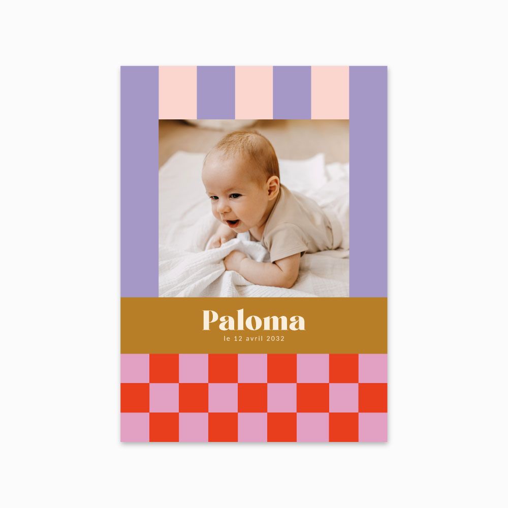 Faire-part de naissance Arcadie Photo avec rayures lavande et rose, bande ocre au prénom, damier rouge/rose et photo de bébé 
