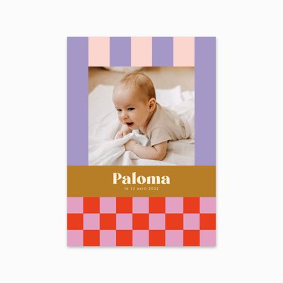 Faire-part de naissance Arcadie Photo avec rayures lavande et rose, bande ocre au prénom, damier rouge/rose et photo de bébé 