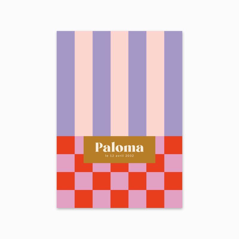 Faire-part de naissance Arcadie au design géométrique à rayures et damier dans des tons lavande, ocre et rose, avec le prénom