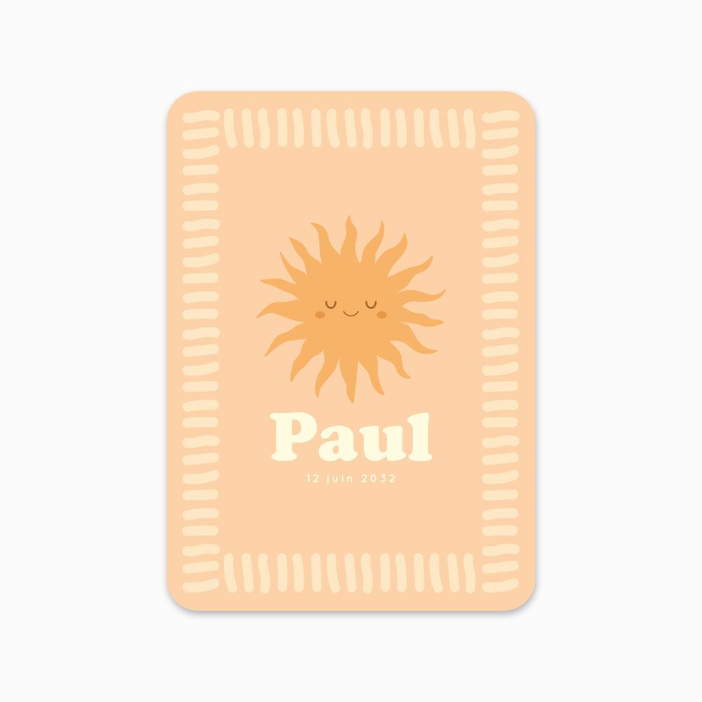 Faire-part de naissance Rayon de Joie avec illustration soleil souriant sur fond pêche et typographie crème, ambiance douce e