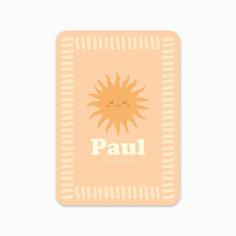 Faire-part de naissance Rayon de Joie avec illustration soleil souriant sur fond pêche et typographie crème, ambiance douce e