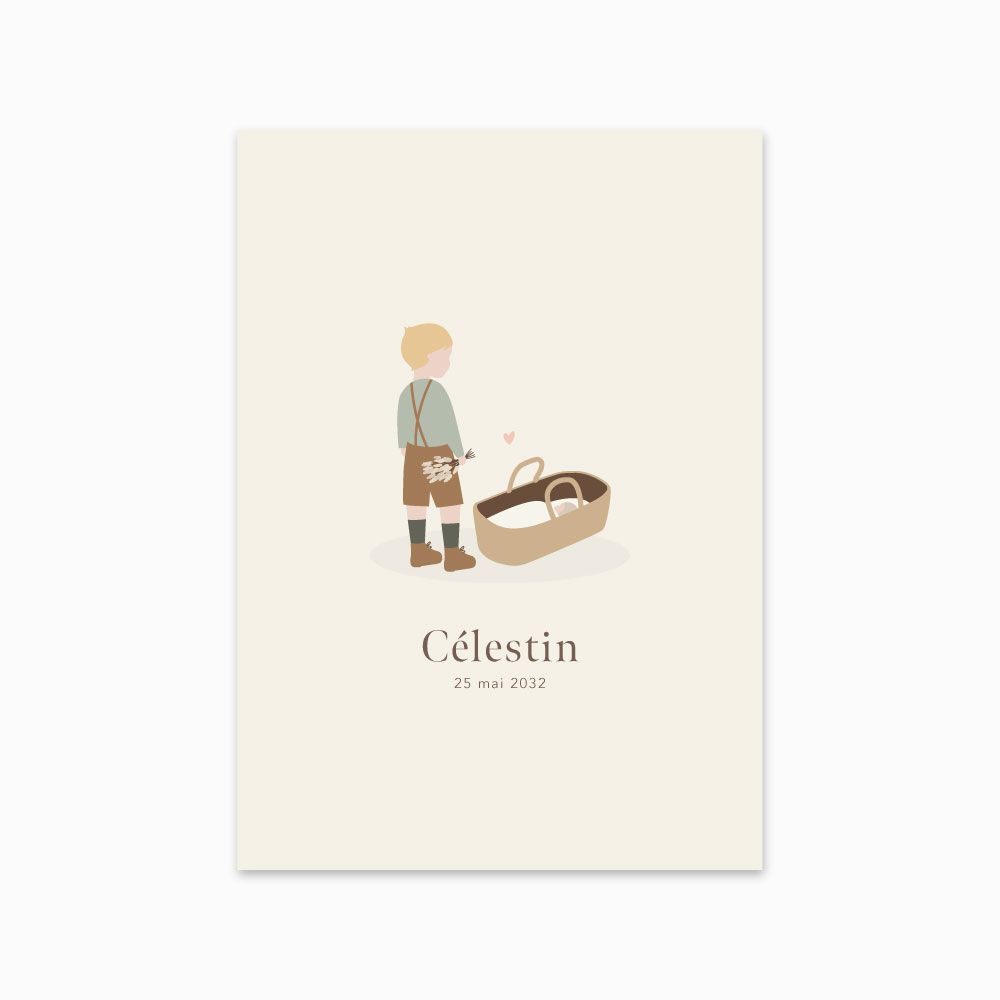 Faire-part de naissance Grand frère blond, illustration du grand frère présentant le nouveau-né dans un couffin en osier