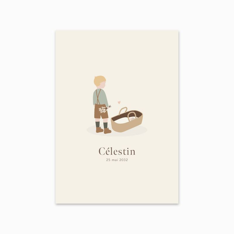 Faire-part de naissance Grand frère blond, illustration du grand frère présentant le nouveau-né dans un couffin en osier