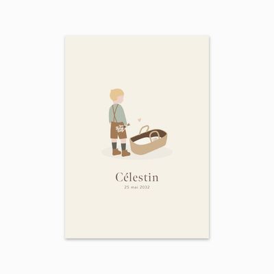 Faire-part de naissance Grand frère blond, illustration du grand frère présentant le nouveau-né dans un couffin en osier