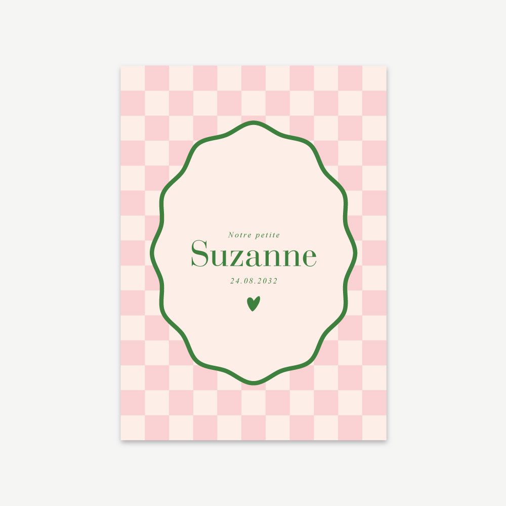 Faire-part de naissance Le Vichy de Suzanne, motif vichy rose poudré avec encadrement vert