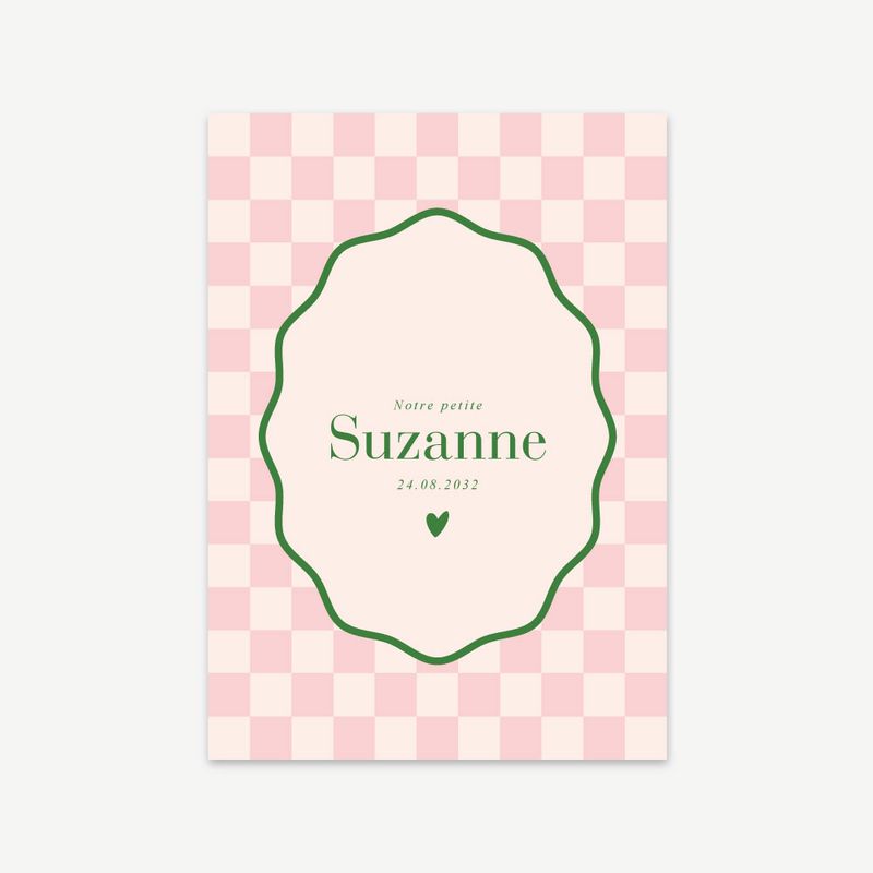 Faire-part de naissance Le Vichy de Suzanne, motif vichy rose poudré avec encadrement vert