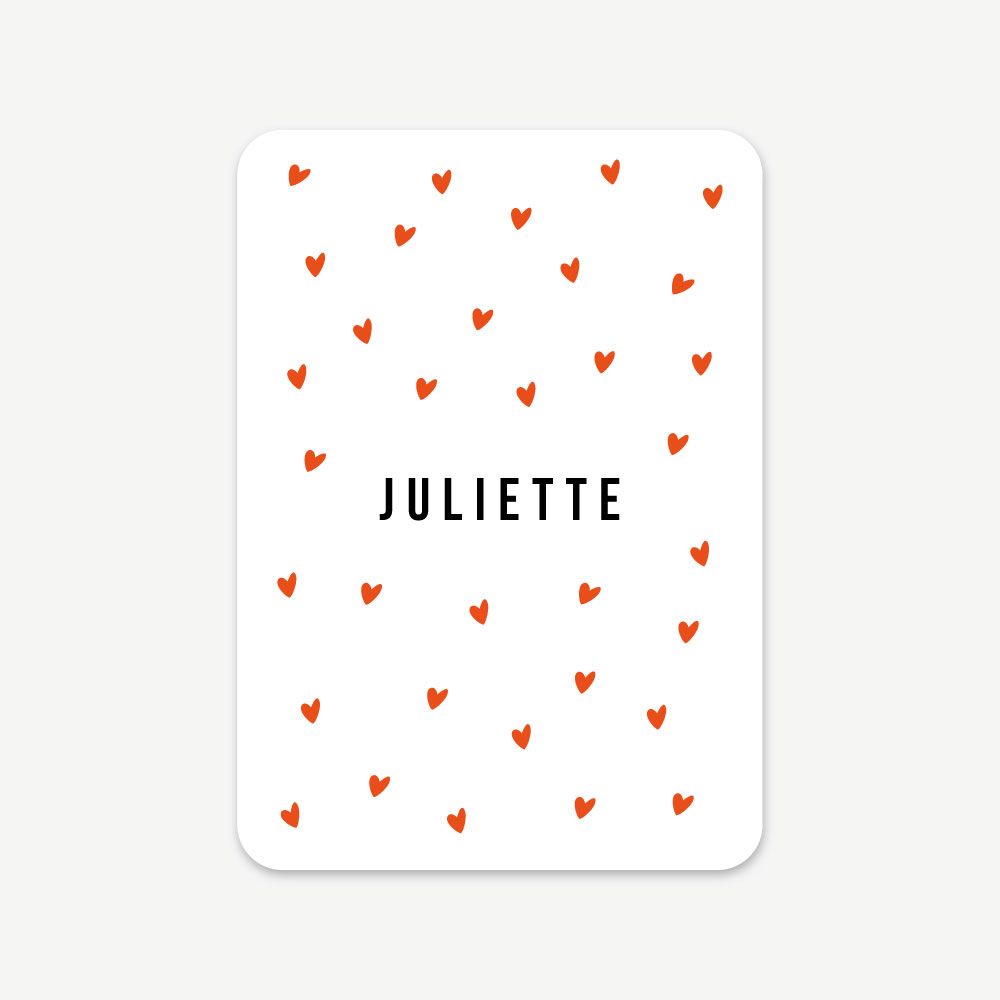 Faire-part de naissance Lovely avec motif de petits cœurs et prénom centré