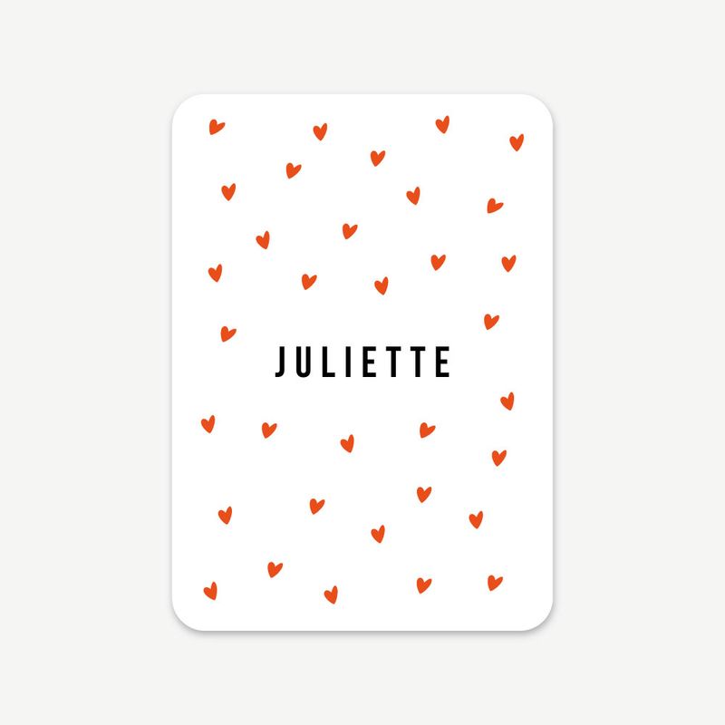 Faire-part de naissance Lovely avec motif de petits cœurs et prénom centré