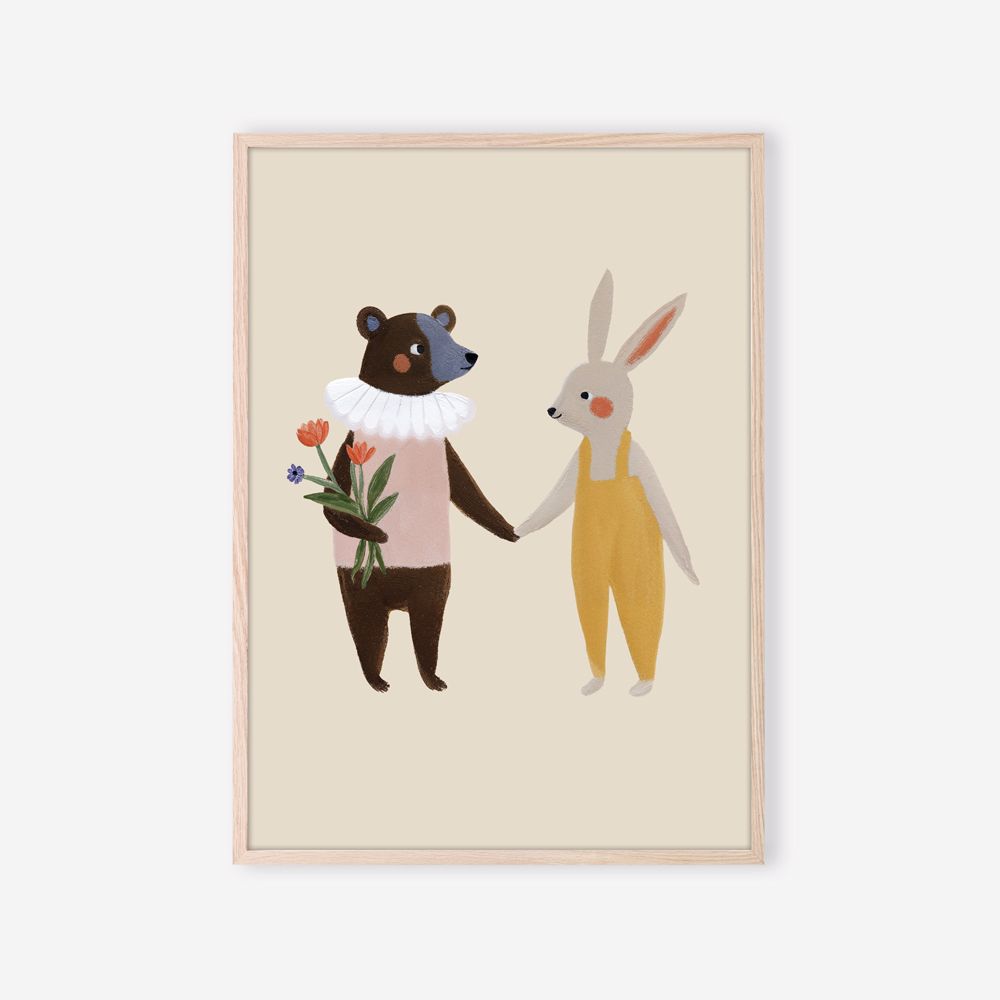 Affiche Bouquet d’Amitié – ours et lapin main dans la main, illustration douce pour chambre d’enfant
