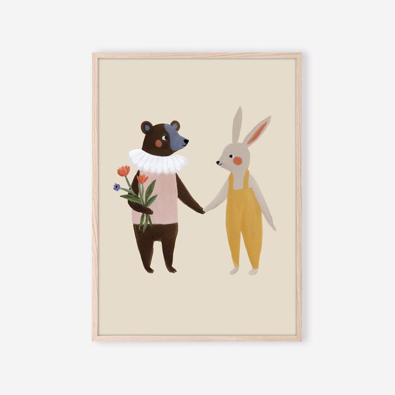Affiche Bouquet d’Amitié – ours et lapin main dans la main, illustration douce pour chambre d’enfant