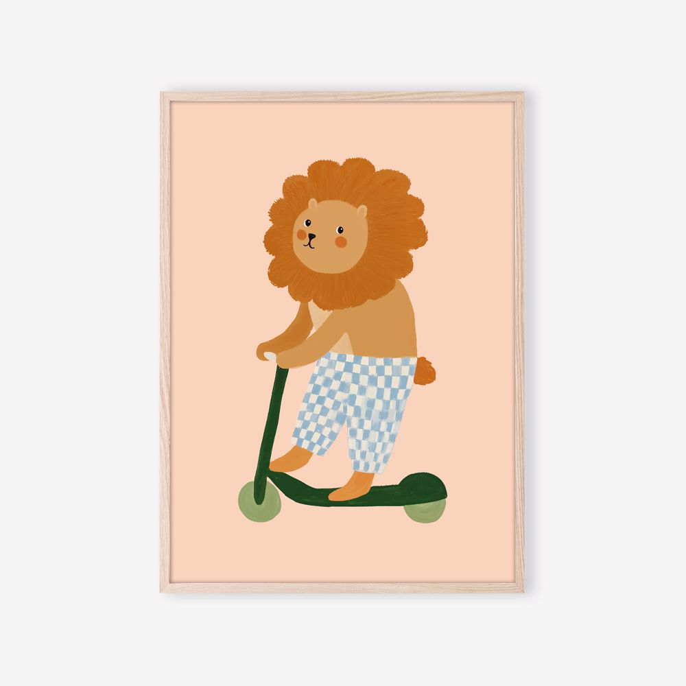 Affiche Balade du Petit Lion encadrée – illustration douce pour chambre de bébé