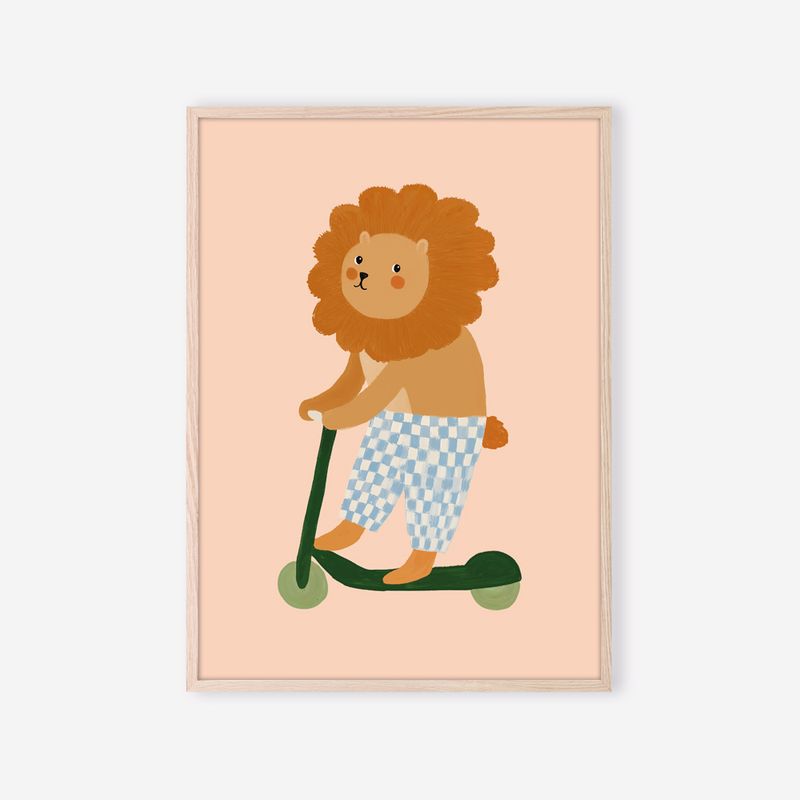 Affiche Balade du Petit Lion encadrée – illustration douce pour chambre de bébé